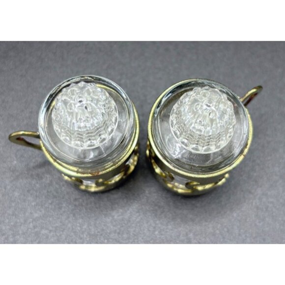 Vintage Glass Salt & Pepper Shakers Brass Colored MCM Design - Picture 4 of 5